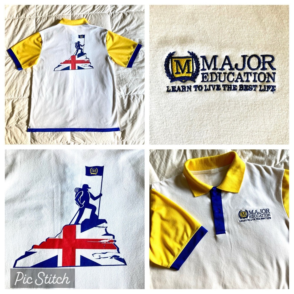 Vtg 80s Major Education Polo UK Union Jack Flag Hill Mens XL White Blue Yellow